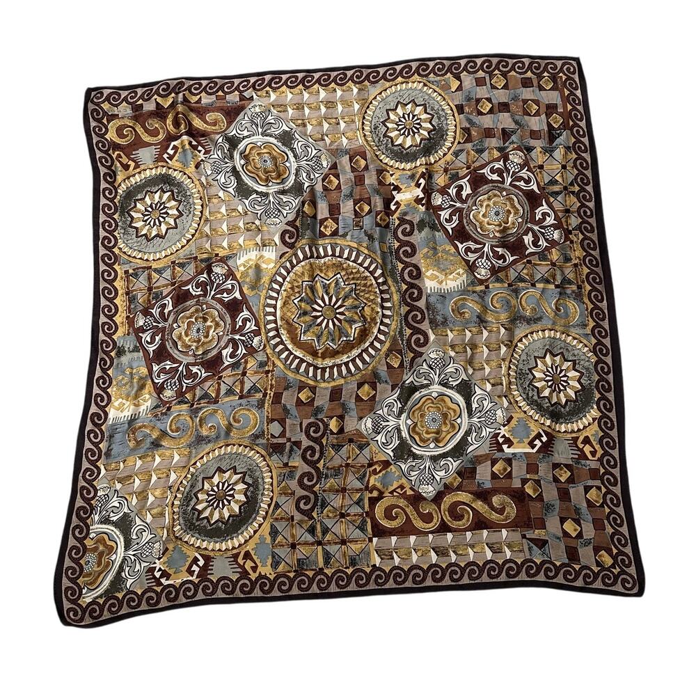 Vintage Echo Silk Scarf Patchwork Medallion Greek Key Baroque Print Square 34x34 - Picture 2 of 5